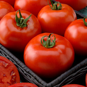 Red tomatoes with green stems in a woven basket
